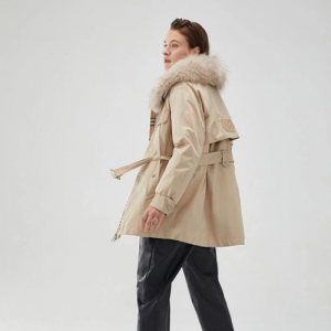 Khaki Faux Fur Collar Belted Long Trench Coat