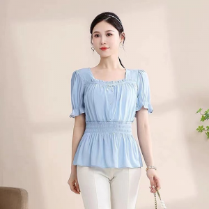 Blue Square Collar Smocked Puff Sleeve Top
