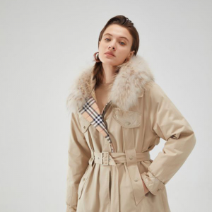 Faux Fur Collar Belted Trench Coat with Plaid Lining