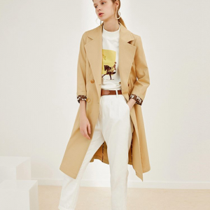Minimalist Khaki Long Coat with Plaid Elements